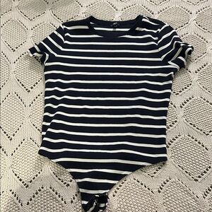 Express Navy Blue and White Striped Cotton Body Suit Sz XL